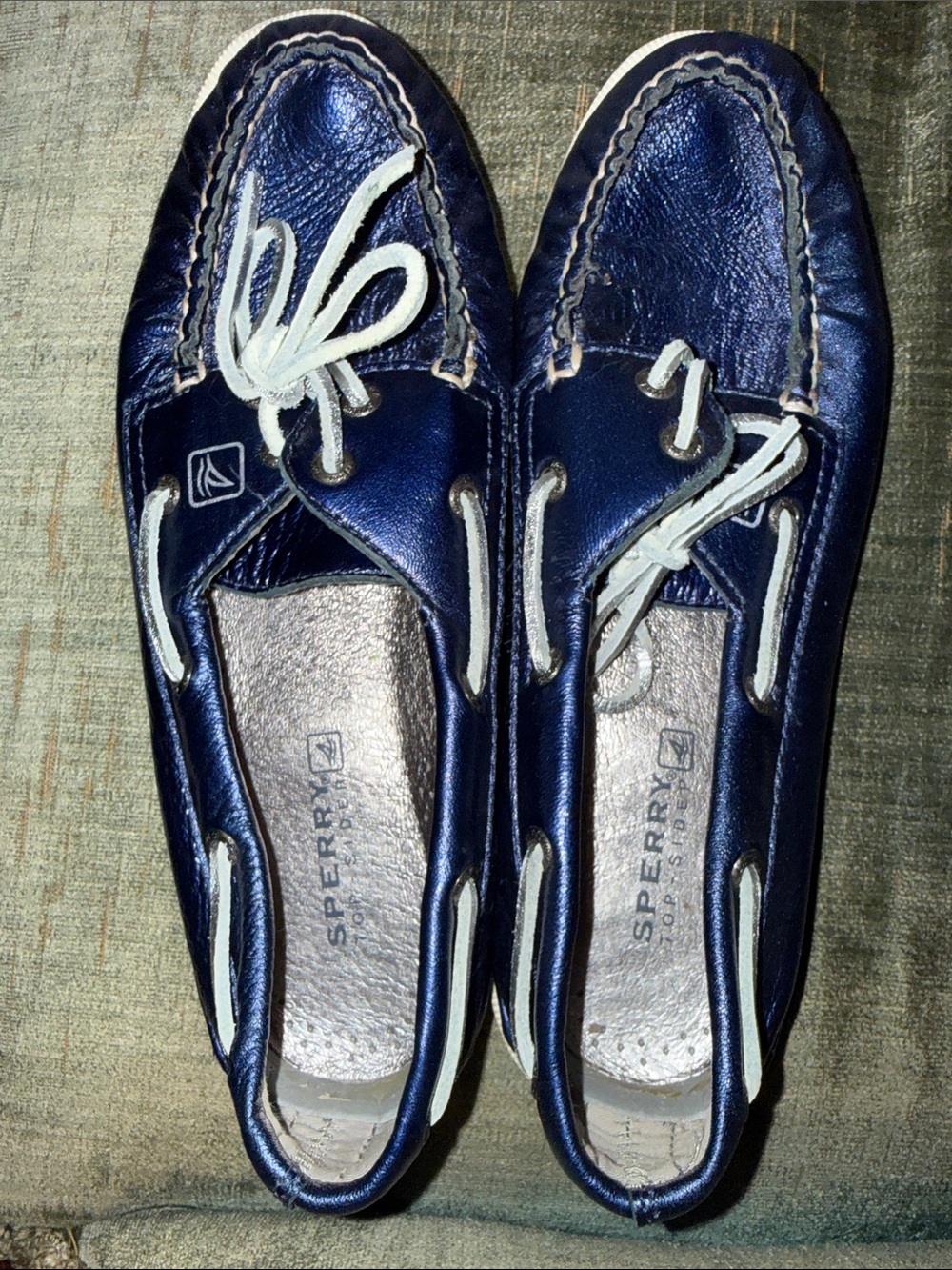 Sperry Navy Metallic Leather Boat Shoes with White Laces 7.5
